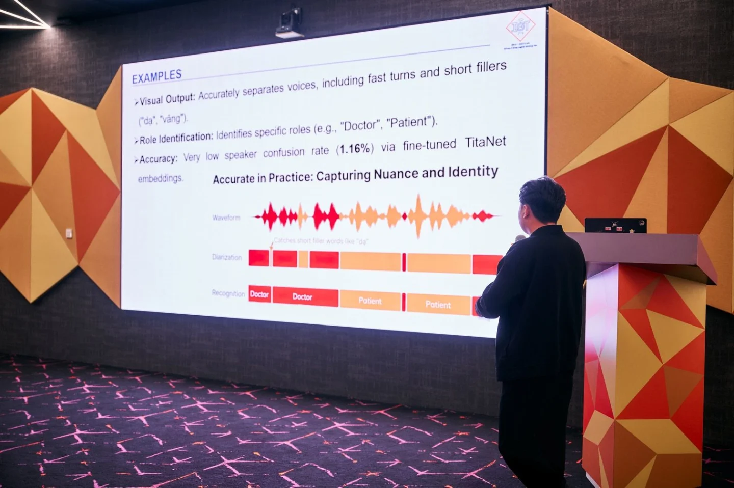 A presenter discusses acoustic nuances and identity using waveform visualizations on a large screen in a modern lecture hall.