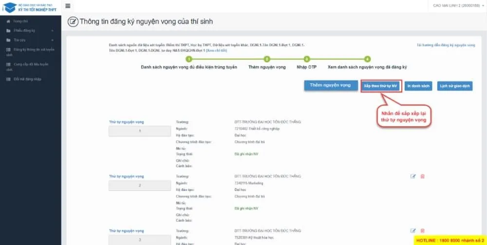 Sắp xếp thứ tự nguyện vọng