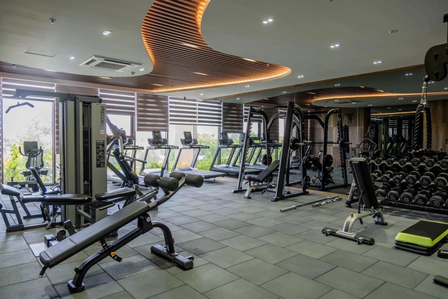 Modern apartment gym with treadmills, weight benches, strength-training machines, and dumbbell racks.