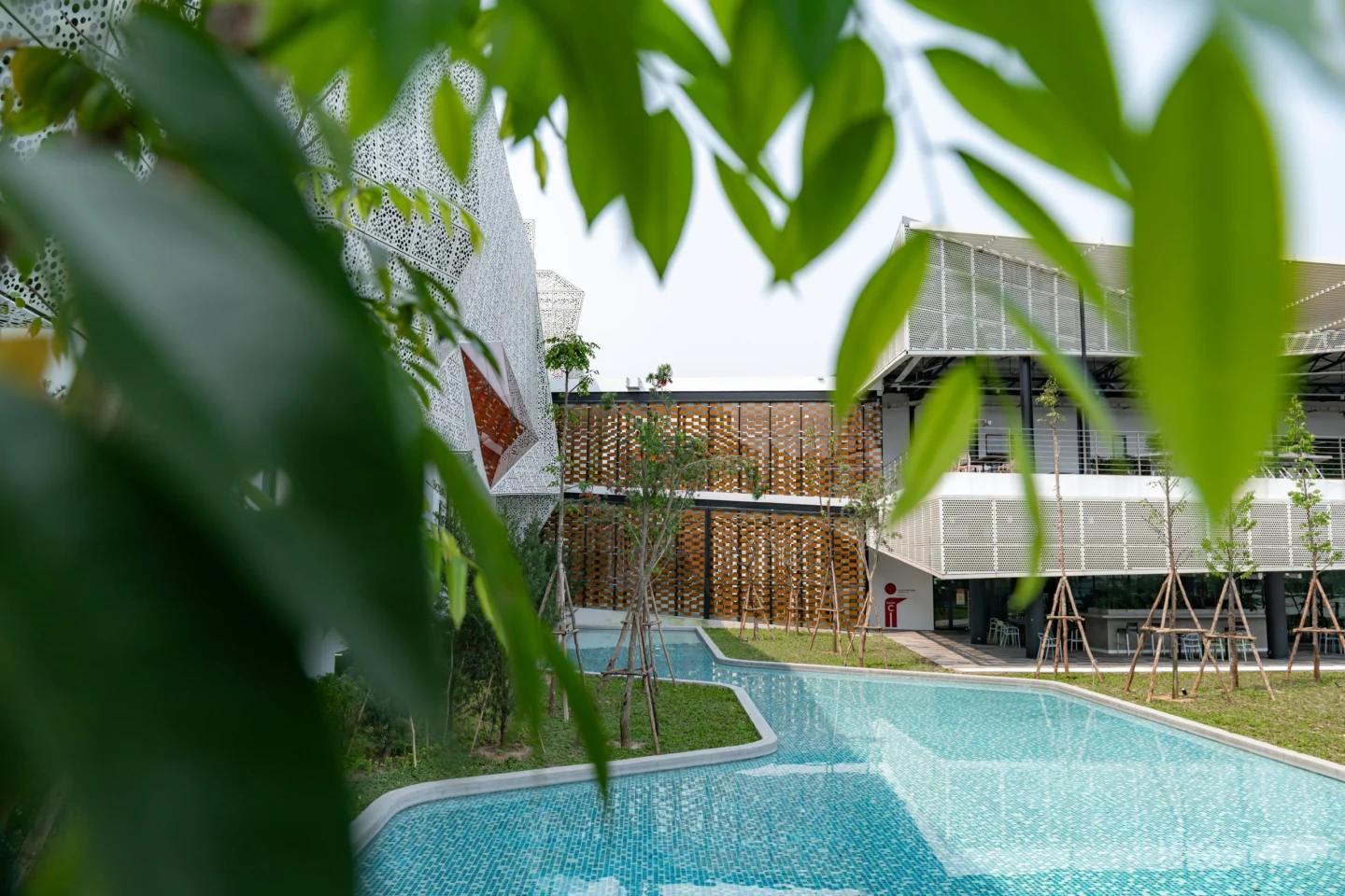 BUV campus viewed through lush green foliage, featuring a modern building and a geometric outdoor swimming pool.