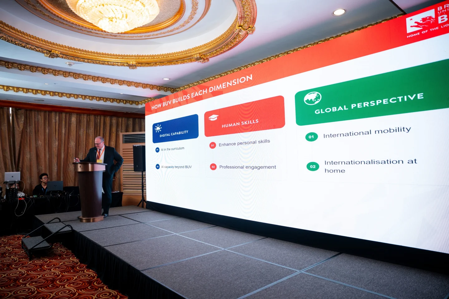 BUV speaker presents digital capability, human skills and global perspective at an education event.
