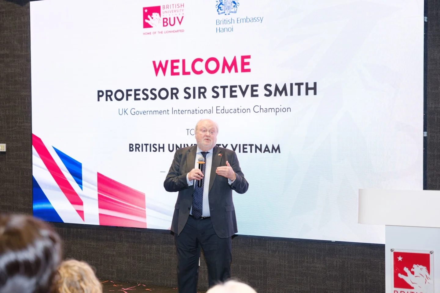 Professor Sir Steve Smith, UK Government International Education Champion, speaks at British University Vietnam in Hanoi.
