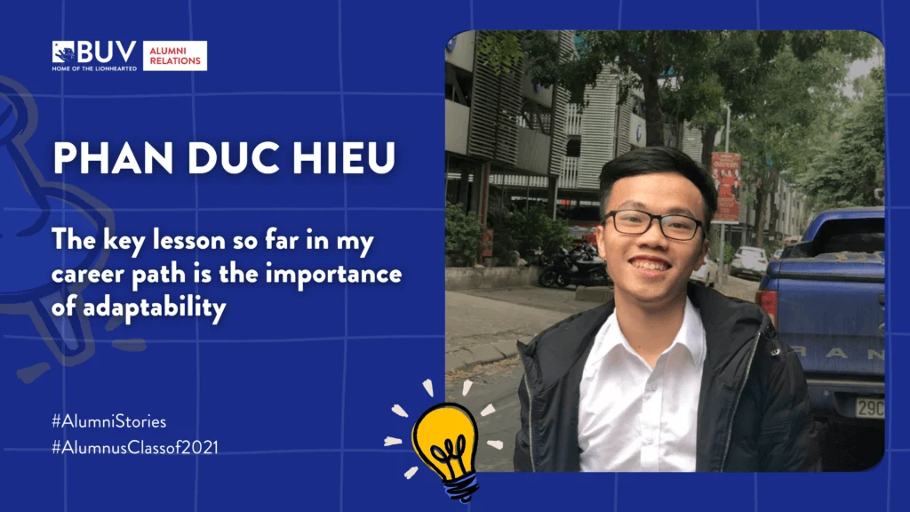 Alt text: Ảnh chân dung sinh viên Phan Đức Hiếu tại BUV, kèm trích dẫn về bài học quan trọng trong hành trình sự nghiệp là khả năng thích nghi.