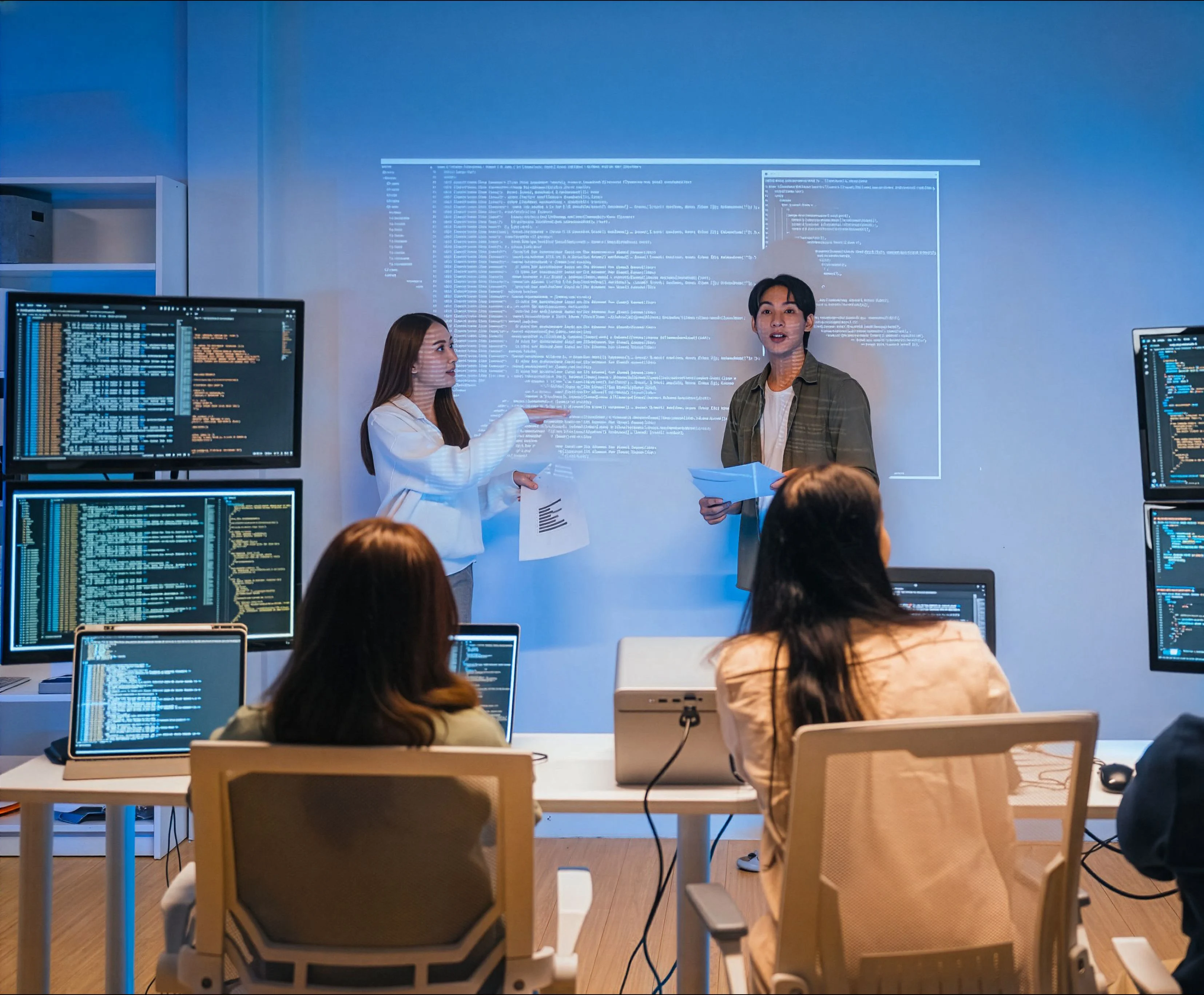 BUV Software Engineering students presenting code in a modern computer lab