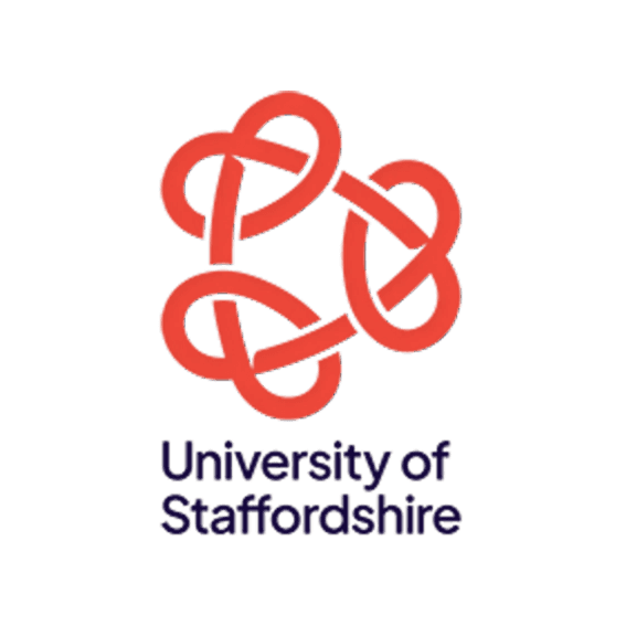 University of Staffordshire logo with a red interlocking emblem above the university name.