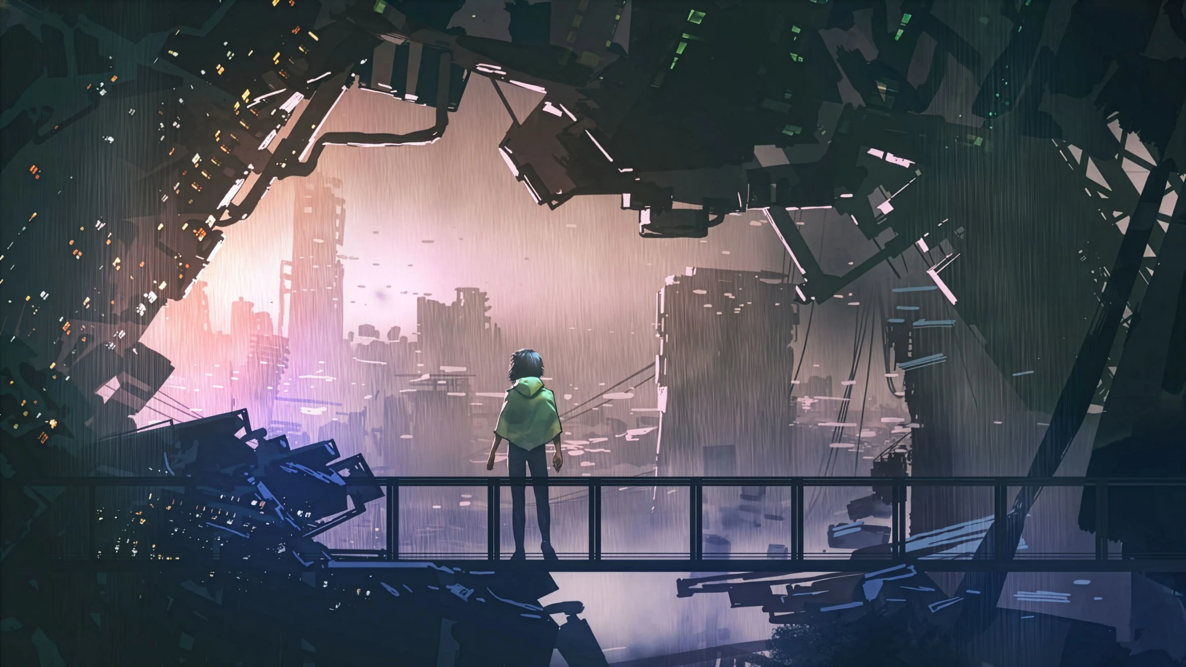 Concept art of a lone character overlooking a futuristic ruined city, showcasing game art design.