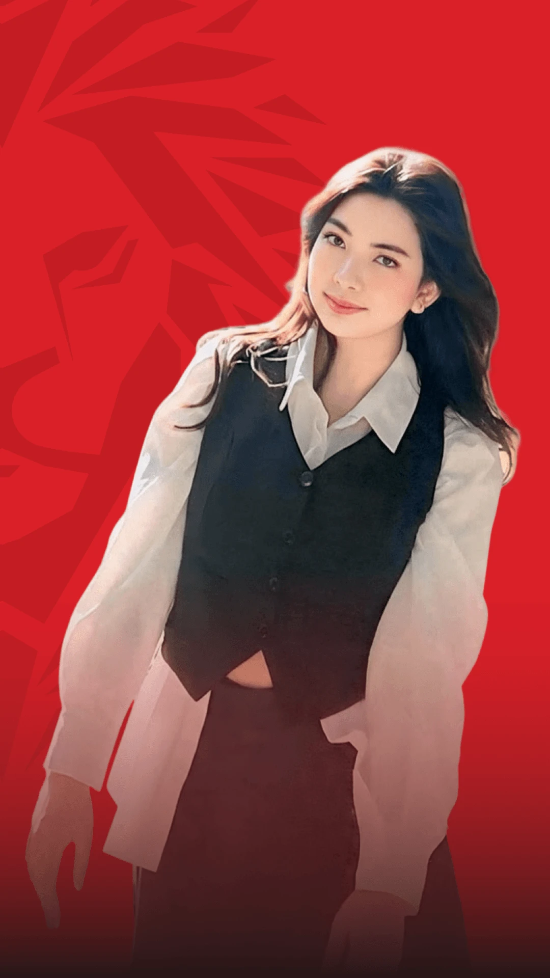 British University Vietnam alumna in professional attire against a red graphic background