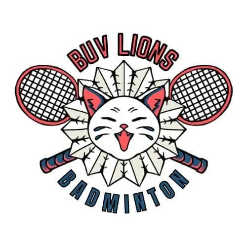 Logo BUV Lions Badminton với linh vật sư tử cách điệu và hai vợt cầu lông màu đỏ xanh