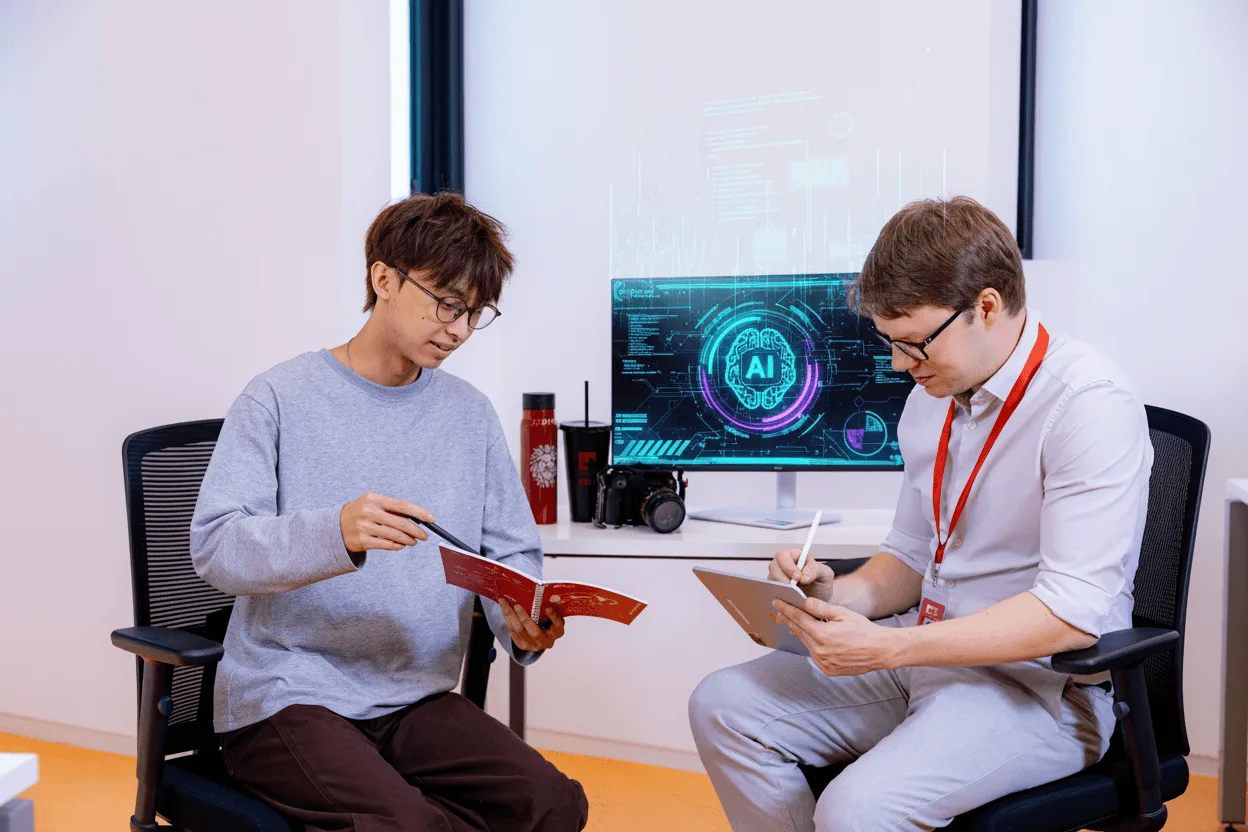 BUV student and lecturer discuss coursework beside an artificial intelligence display on campus.