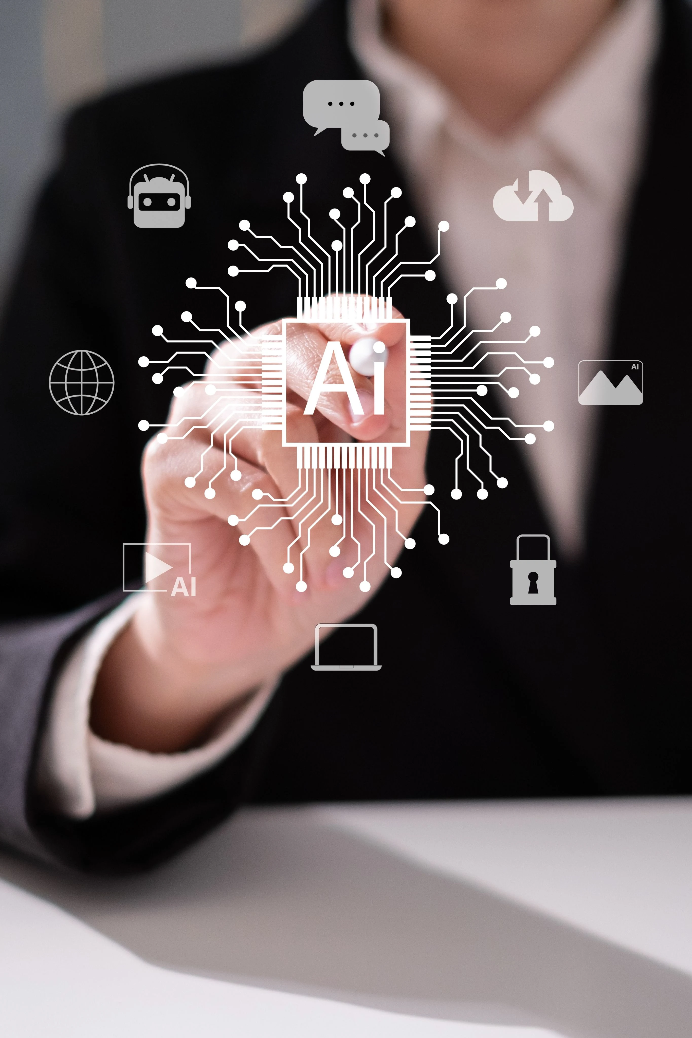Người dùng tương tác với chip AI cùng biểu tượng công nghệ số, điện toán đám mây và bảo mật dữ liệu