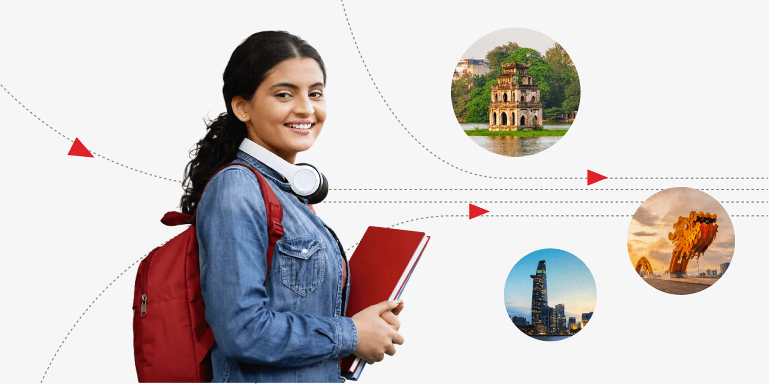 Student with backpack and books beside landmarks of Hanoi, Ho Chi Minh City and Da Nang, Vietnam