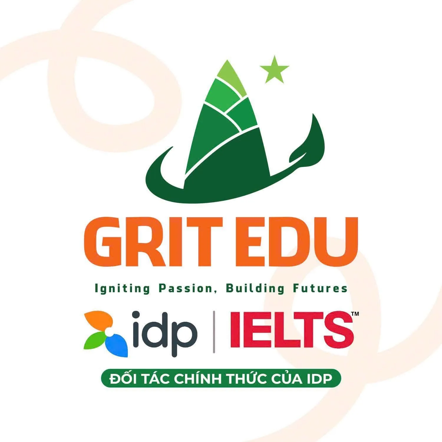 A logo for “GRIT EDU,” featuring a green graduation-cap icon with leaves and the text “Igniting Passion, Building Futures,” along with “IDP IELTS” and “ĐỐI TÁC CHÍNH THỨC CỦA IDP.”