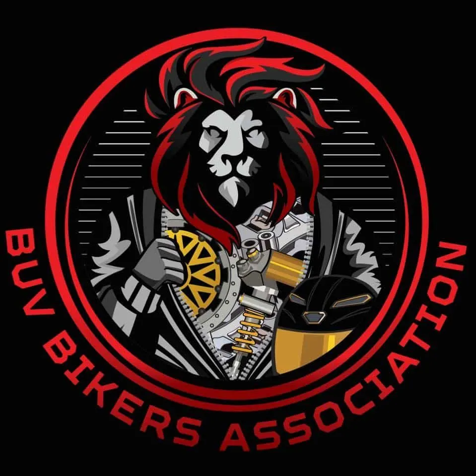 BUV Bikers Association logo featuring a red-and-black lion in motorcycle gear with mechanical details
