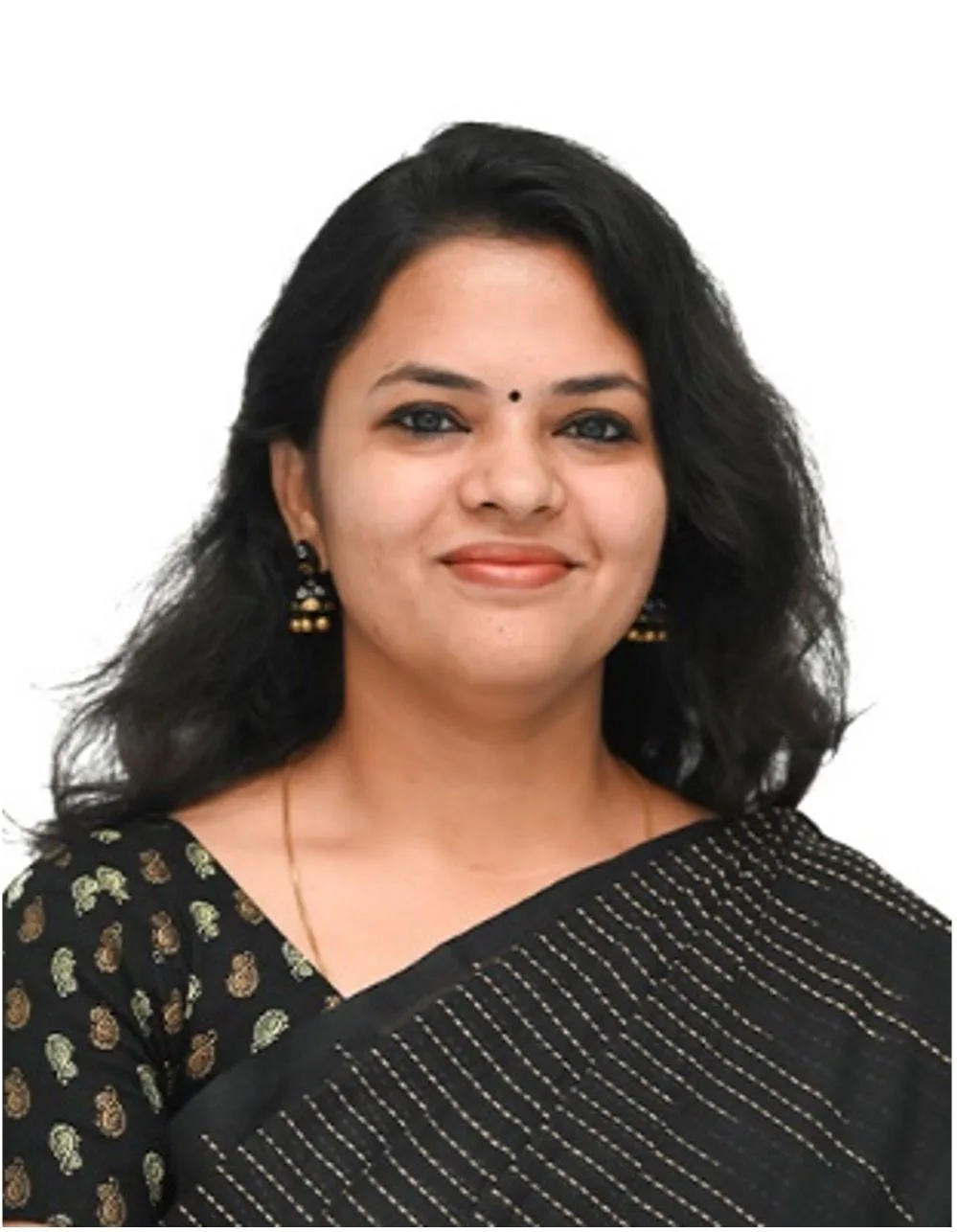Dr. Aishwarya N in a black sari, British University Vietnam academic profile portrait