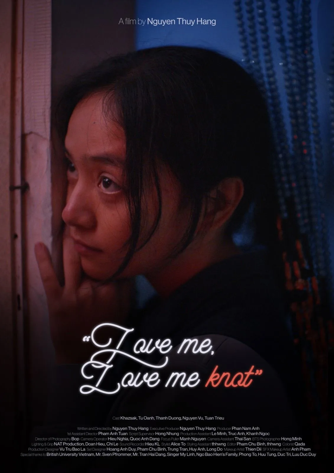 Poster for “Love Me, Love Me Knot,” a film by Nguyen Thuy Hang, featuring a young woman by a doorway.