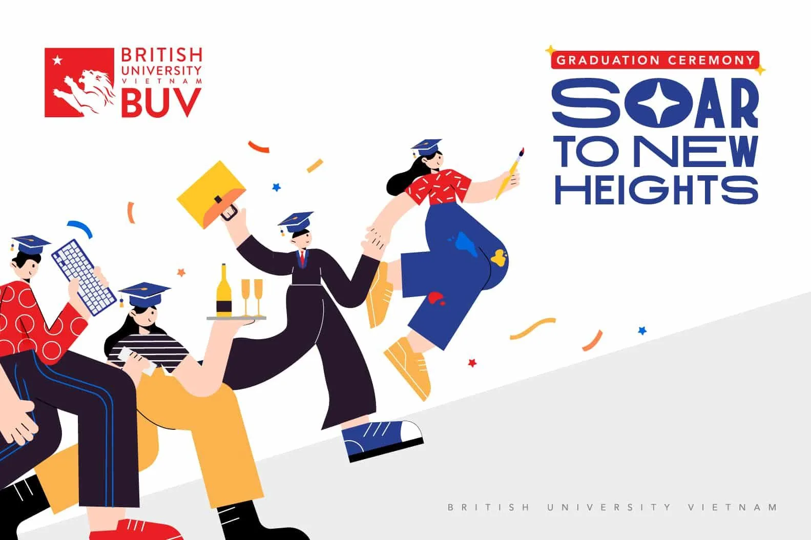 Alt text: **British University Vietnam (BUV) news page banner showing students celebrating and confetti with the text “Soar to New Heights.”**