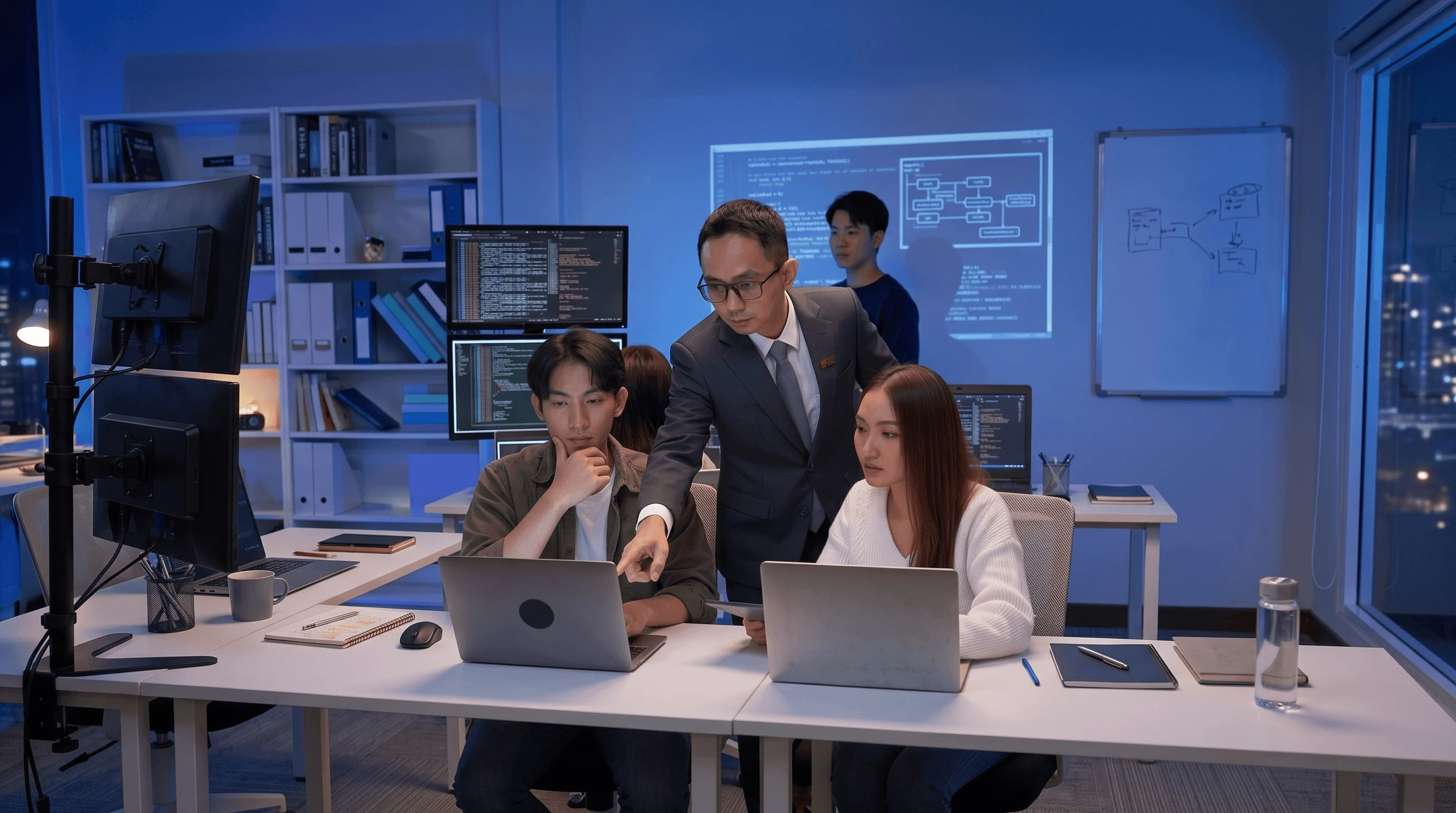 BUV lecturer guides students using laptops for data science and business analytics in a modern computer lab.