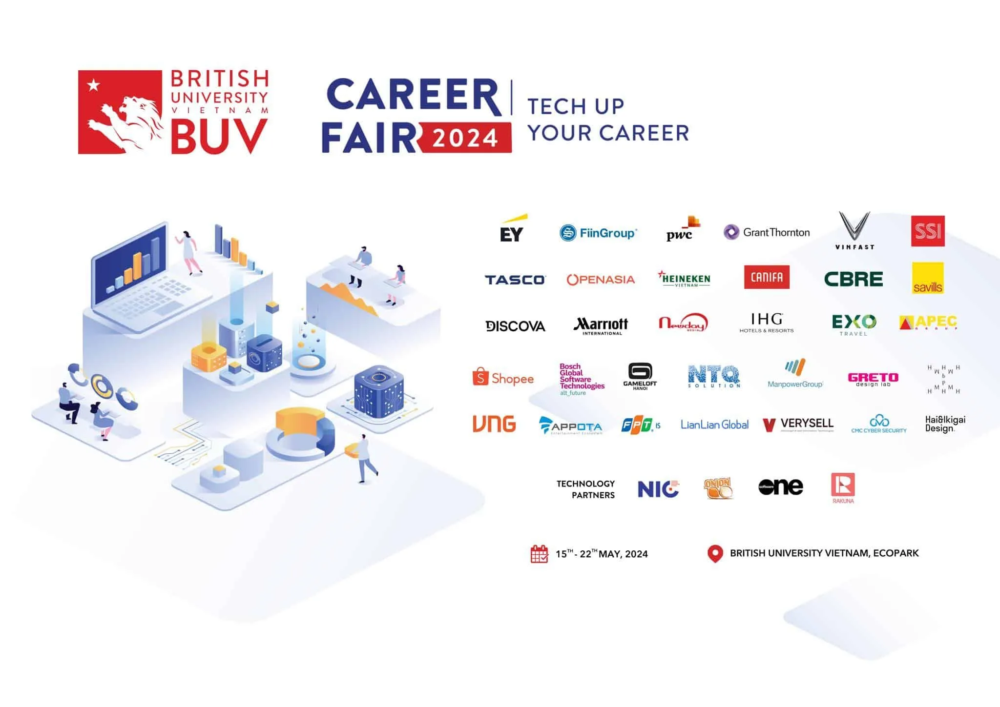 Alt text: **Promotional poster for BUV Career Fair 2024 with the theme “Tech Up Your Career,” featuring partner company logos and an illustration of people working in a technology-focused environment.**