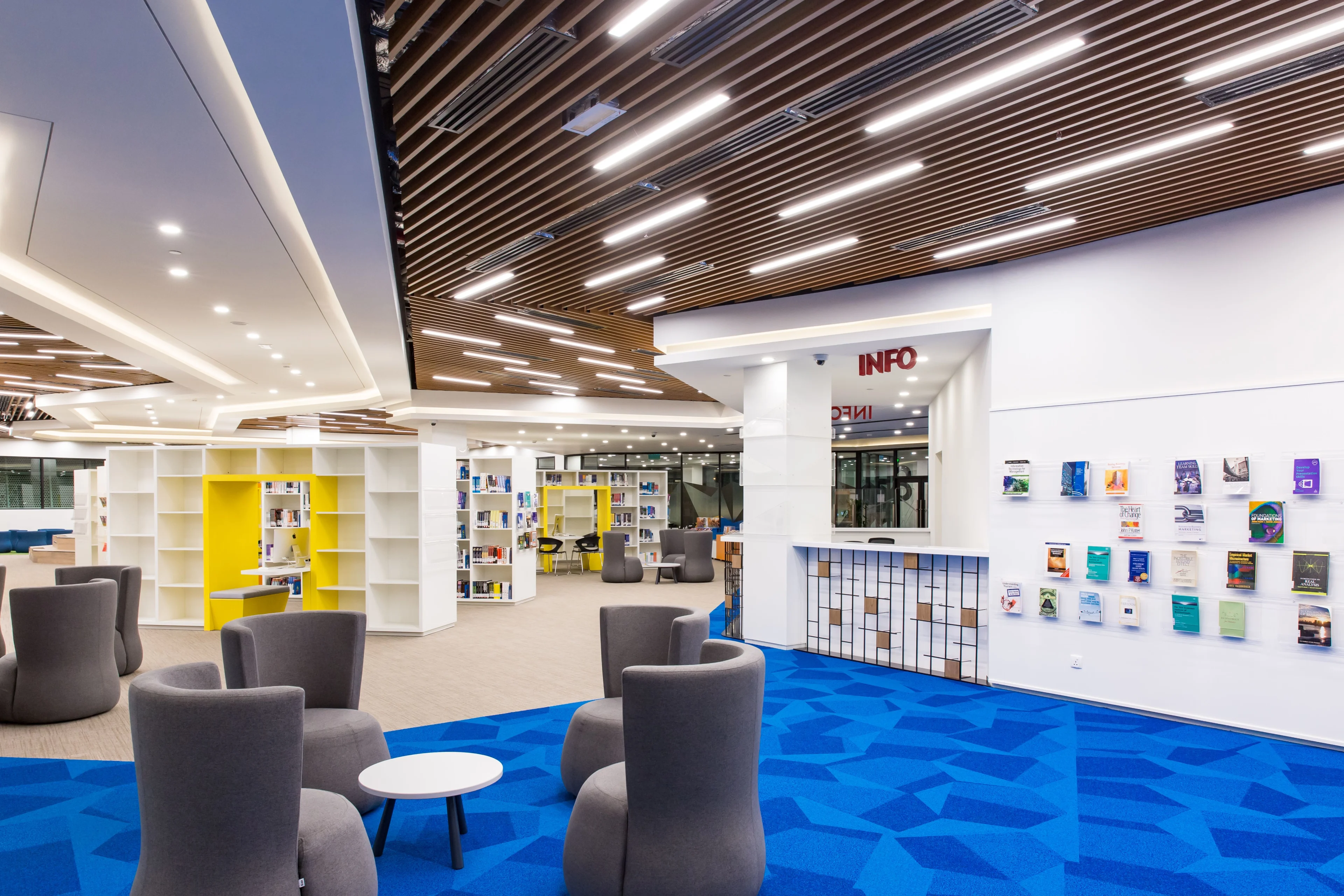Modern BUV university library interior with bookshelves, lounge seating, and blue carpet