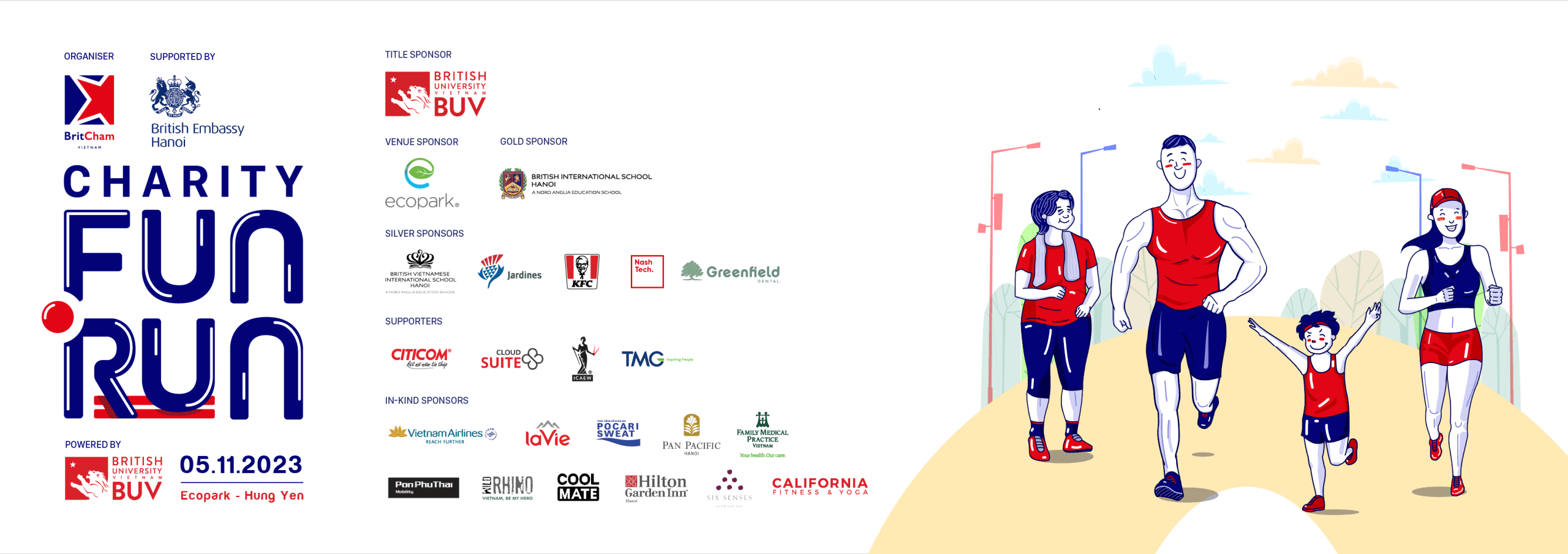 BUV Charity Fun Run poster dated 5 November 2023, featuring sponsor logos and an illustrated family running together.