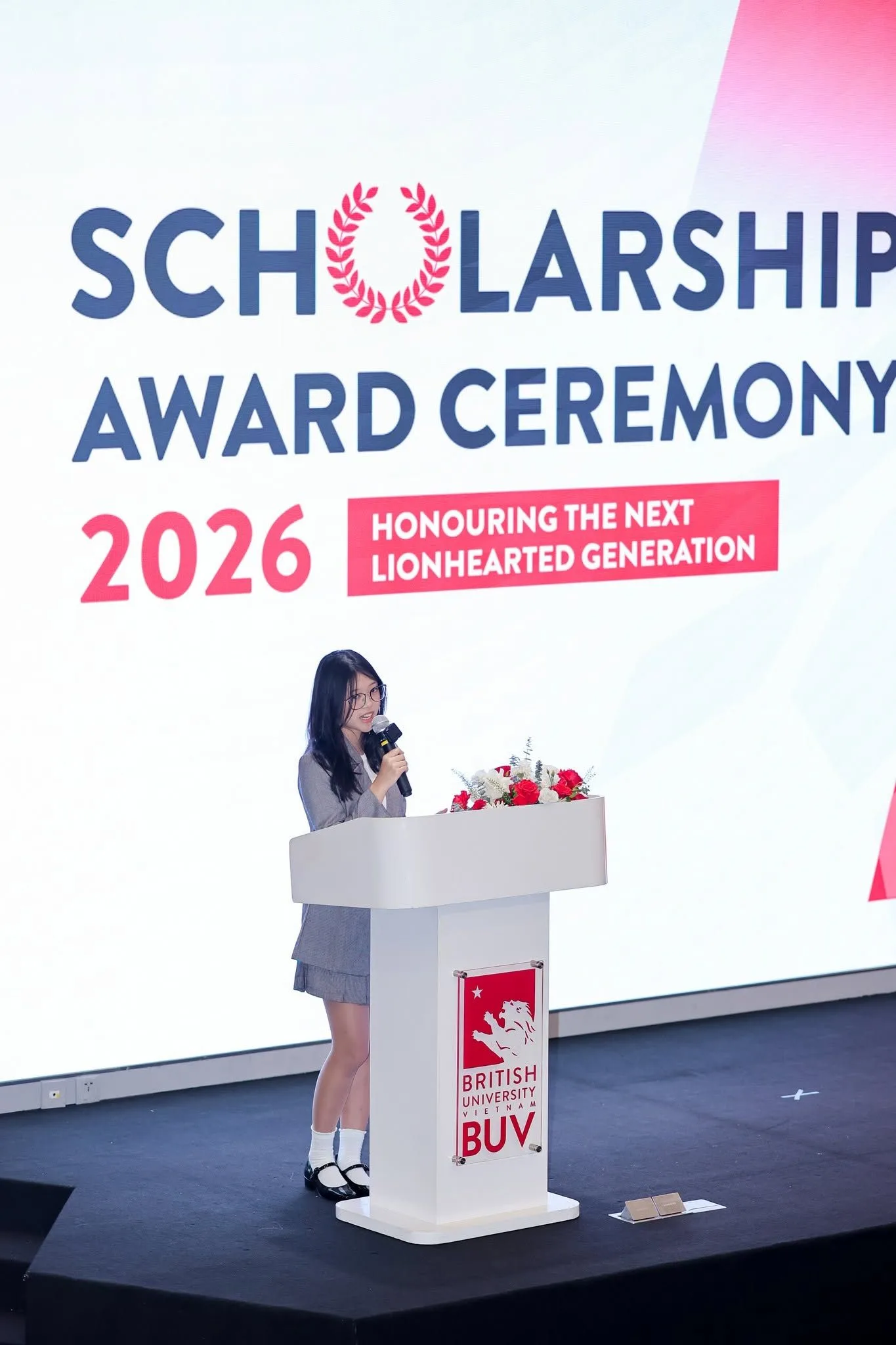 BUV student speaks at the 2026 Scholarship Award Ceremony, honouring the next lionhearted generation.