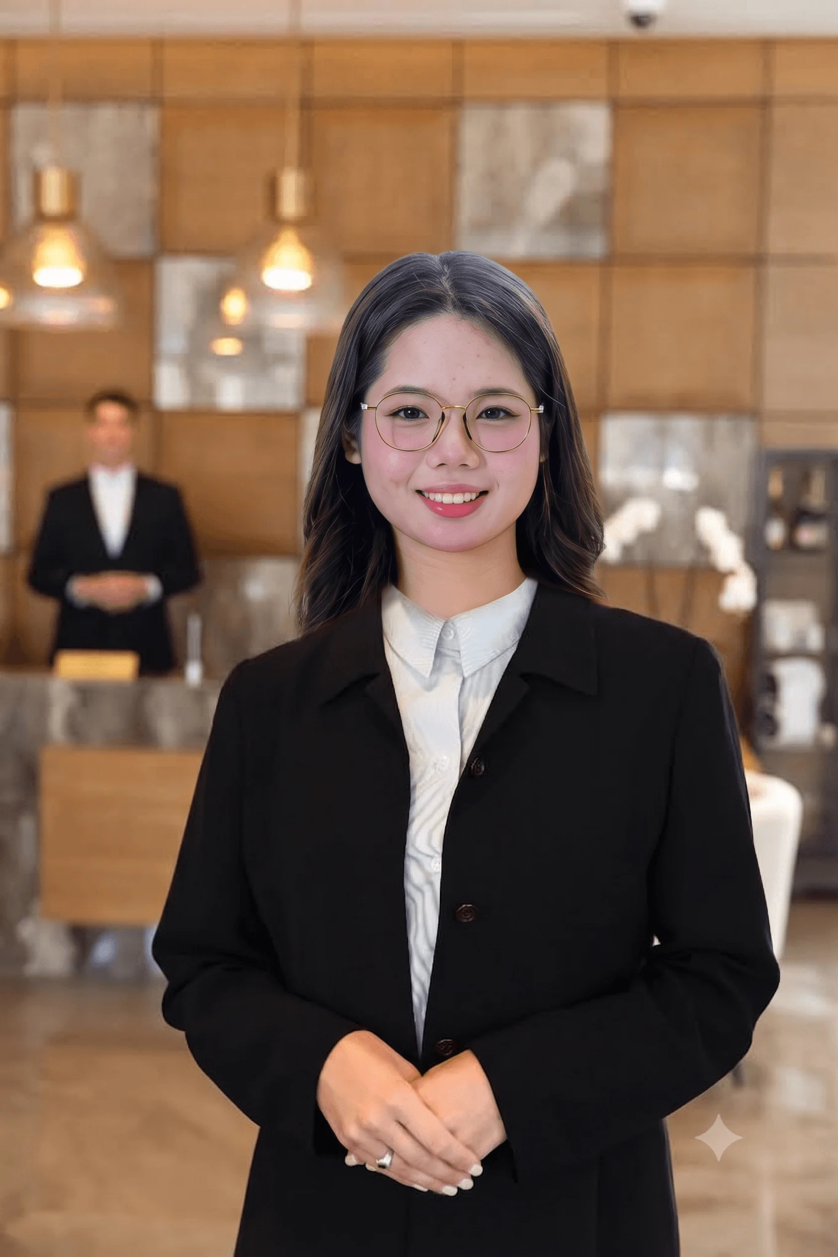 Sinh viên BUV trong trang phục chuyên nghiệp thực hành nghiệp vụ quản trị khách sạn tại quầy lễ tân