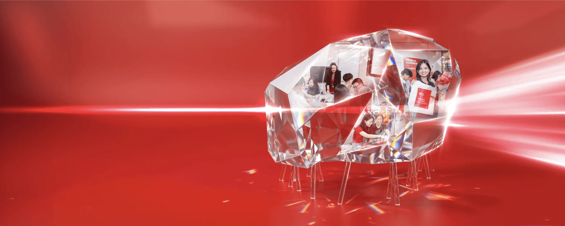 BUV students collaborating and celebrating inside a crystal diamond, symbolizing international education in Vietnam