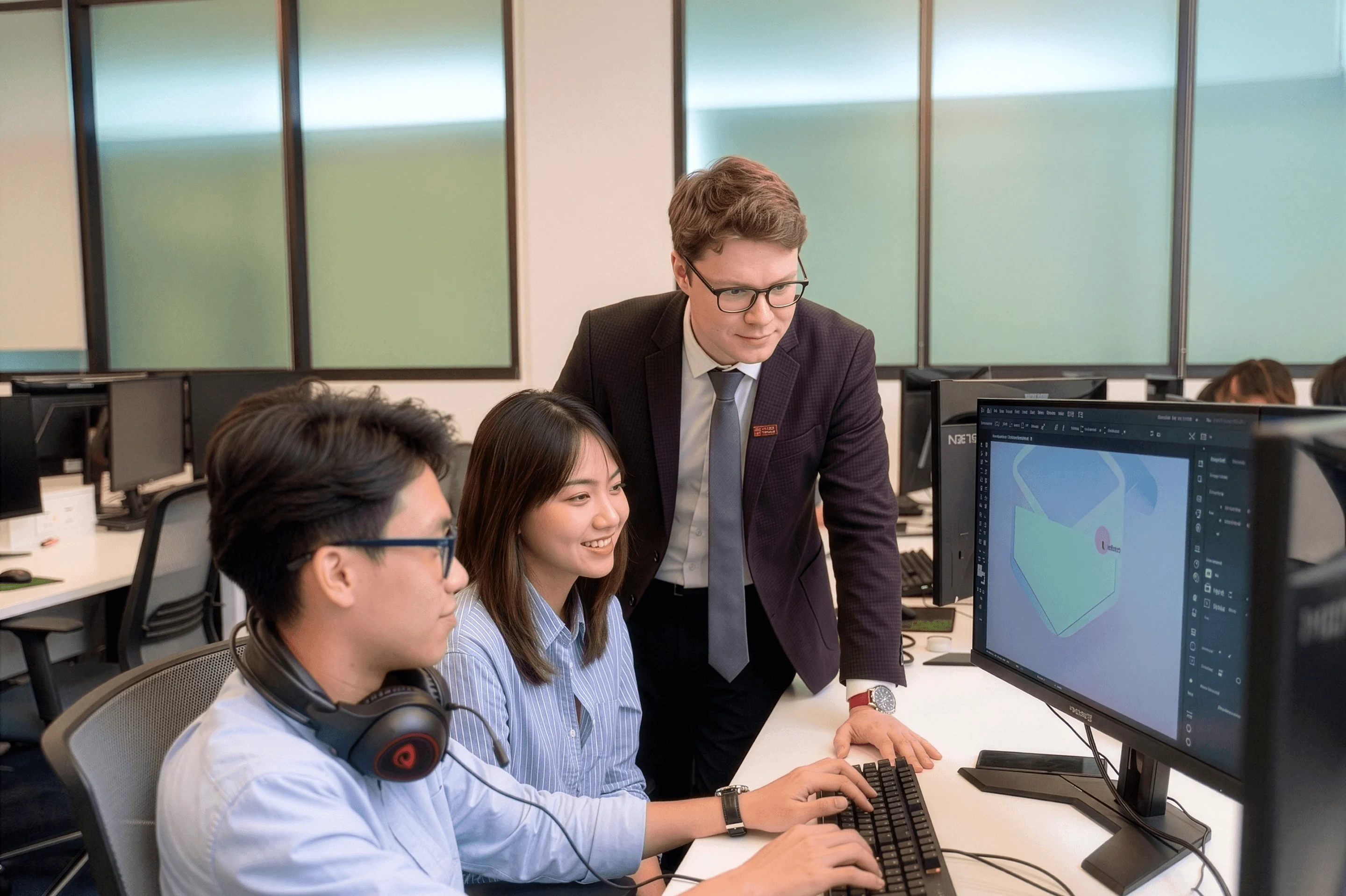 Two students looking at a 3D design on a computer with their professor's guidance.