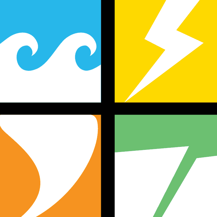A colorful four-panel graphic featuring stylized lightning bolts and swirl-like wave shapes, suggesting natural hazard themes.