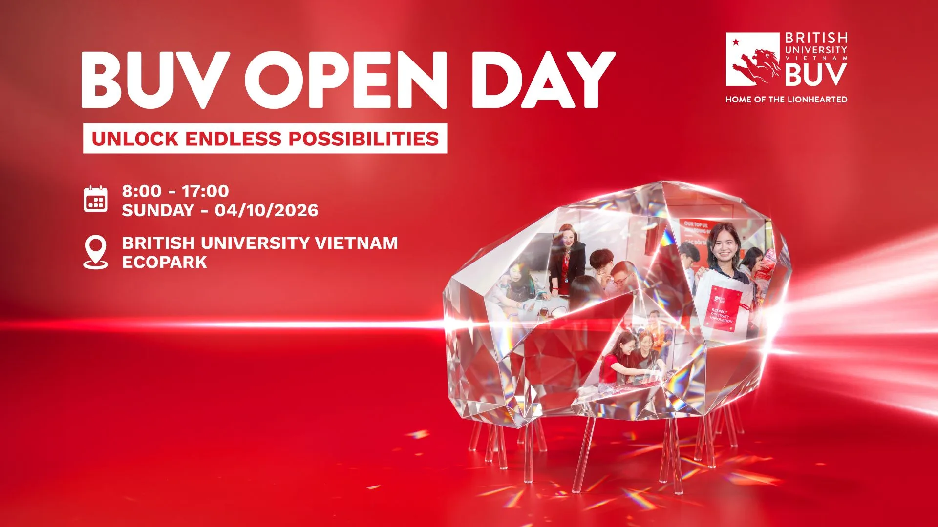 Promotional graphic for BUV Open Day with the tagline “Unlock Endless Possibilities,” taking place Sunday, 4 October 2026, from 8:00–17:00 at British University Vietnam Ecopark; features the BUV logo and a crystal-shaped collage of students and campus activities on a red background.