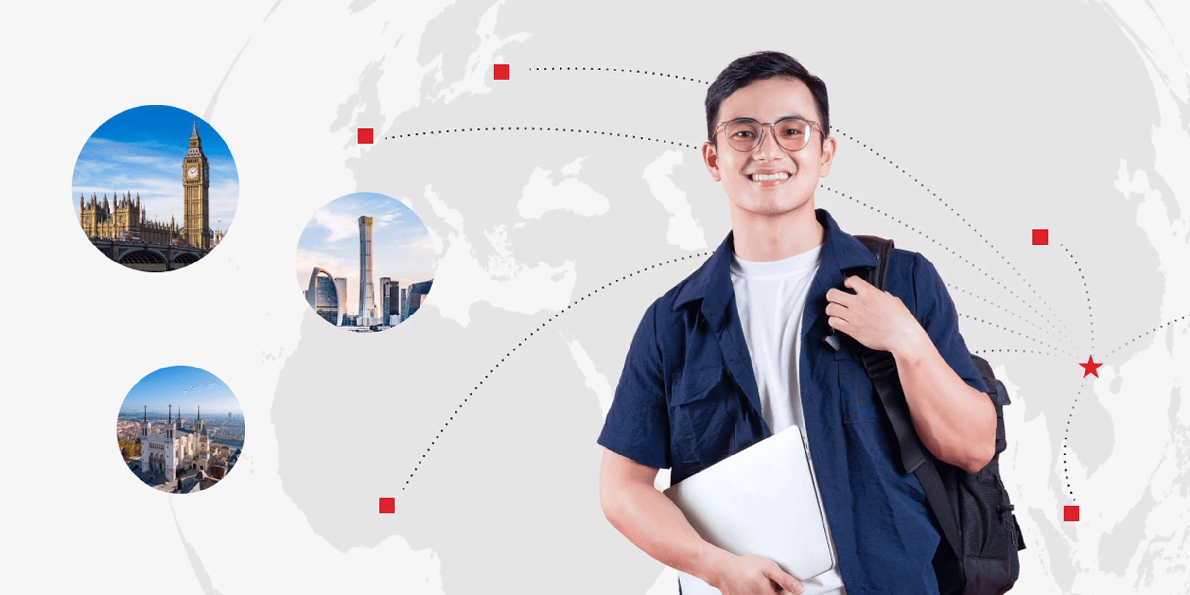 British University Vietnam student with laptop and backpack connecting Vietnam and UK landmarks on a world map