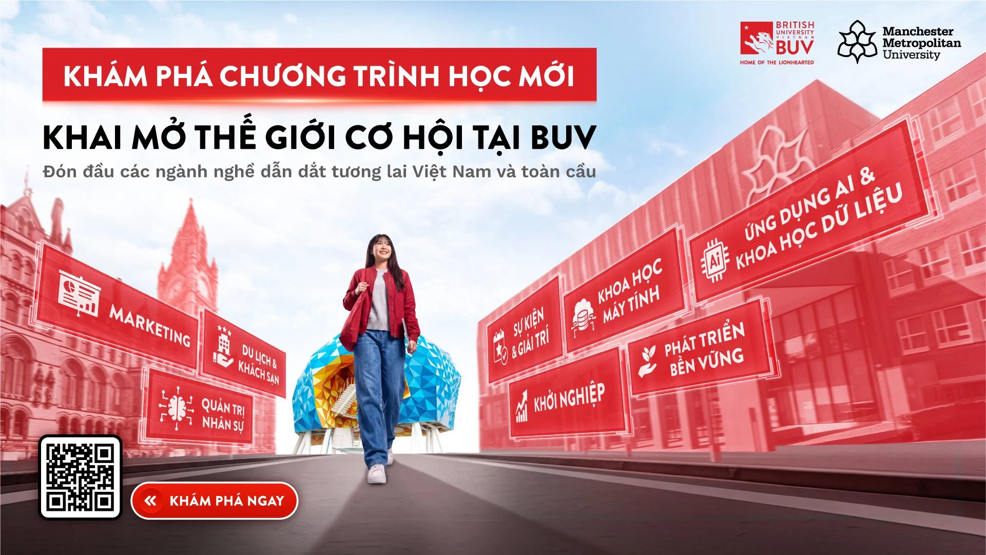 BUV và Manchester Metropolitan ra mắt chương trình học mới: marketing, du lịch, AI, khoa học máy tính và phát triển bền vững.
