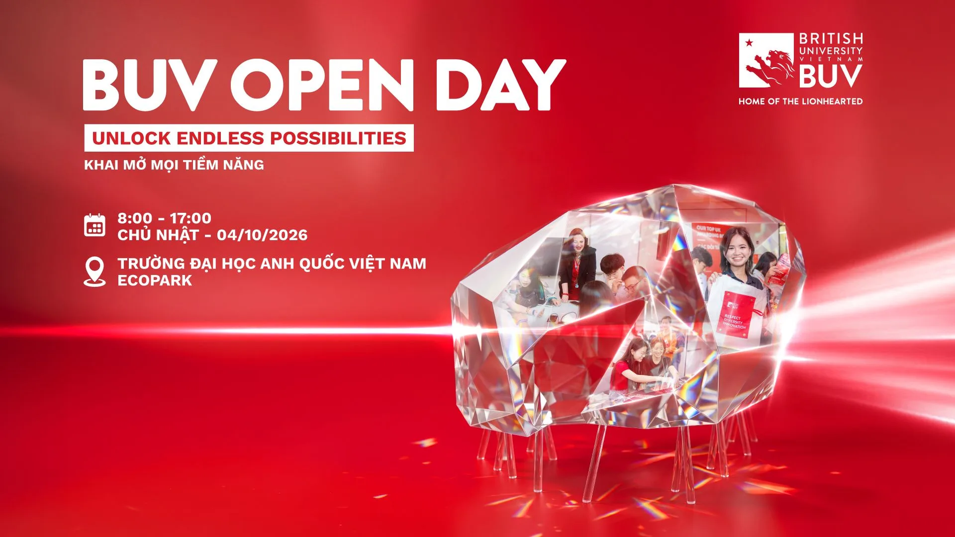 Promotional graphic for BUV Open Day, featuring a red background, the BUV logo, event details for 8:00–17:00 on Sunday, 04/10/2026, at British University Vietnam Ecopark, and a crystal sculpture displaying student activity photos.
