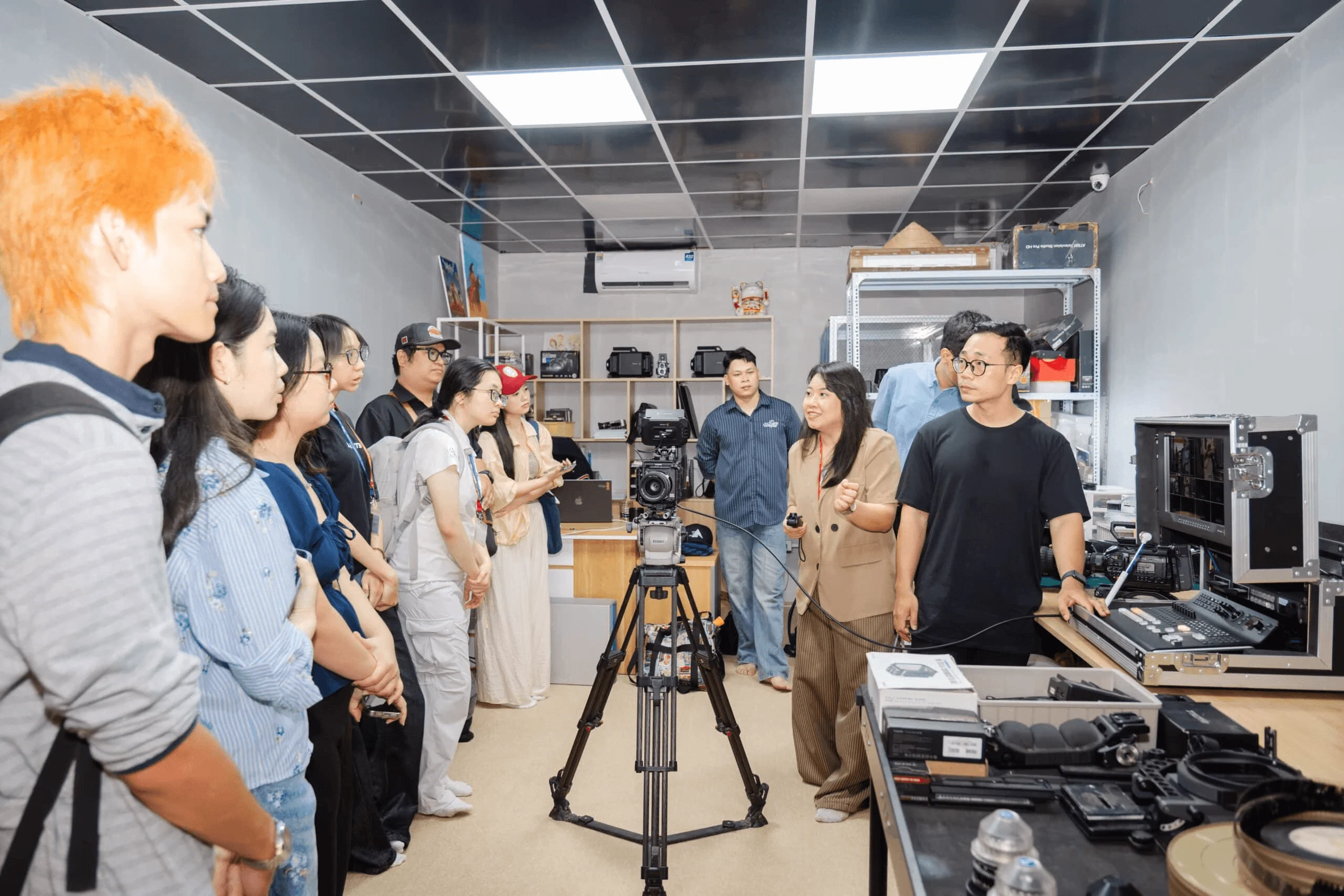 BUV students explore media production equipment during an international study course in Vietnam