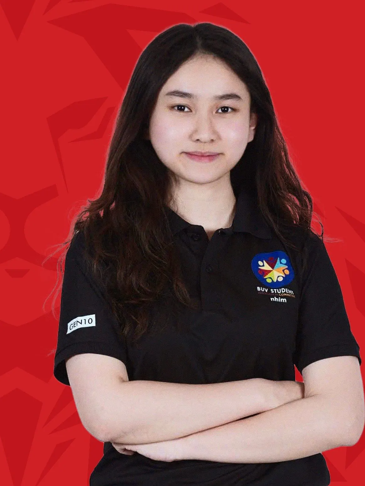 Linh Giang, BUV student, poses in a black student polo against a red Lionhearted campaign background.
