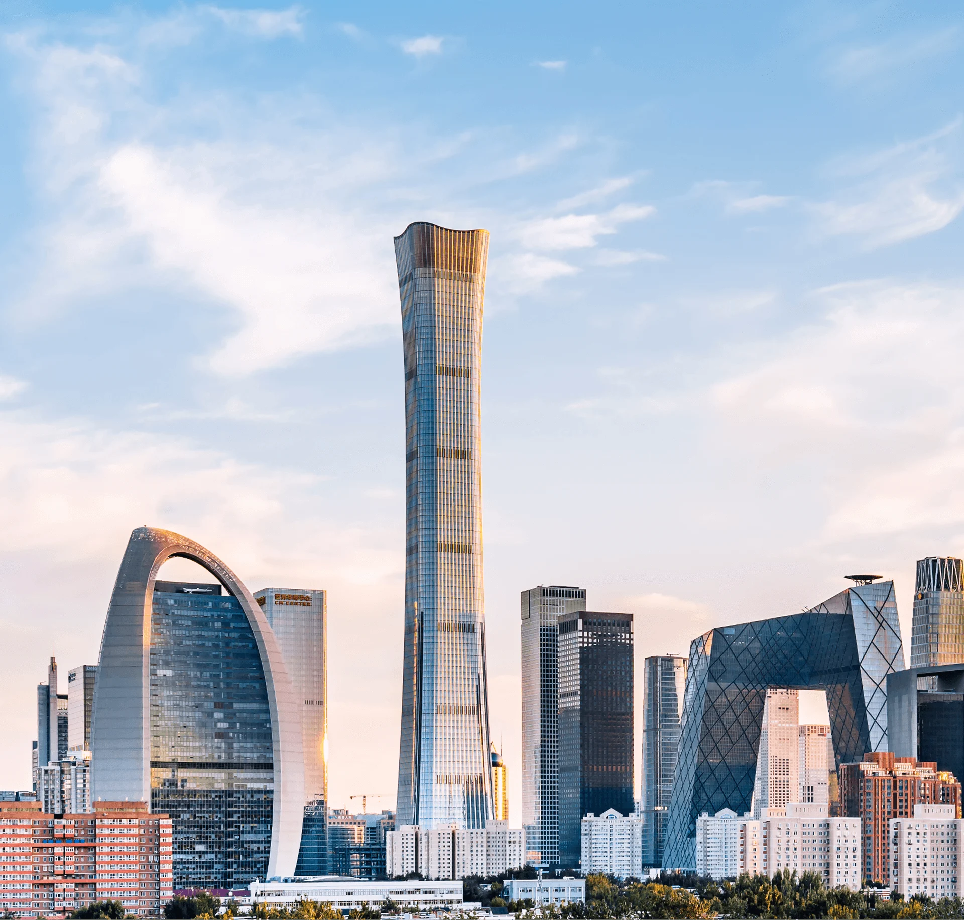 Beijing skyline with China Zun Tower and modern skyscrapers under a blue sky
