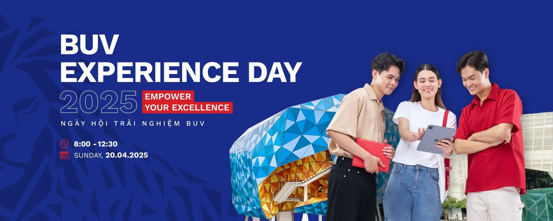 BUV Experience Day 2025 banner featuring three students, campus, and event details: Sunday 20 April, 8:00–12:30.