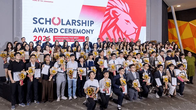 BUV Scholarship Award Ceremony 2025 with students holding certificates and sunflower bouquets