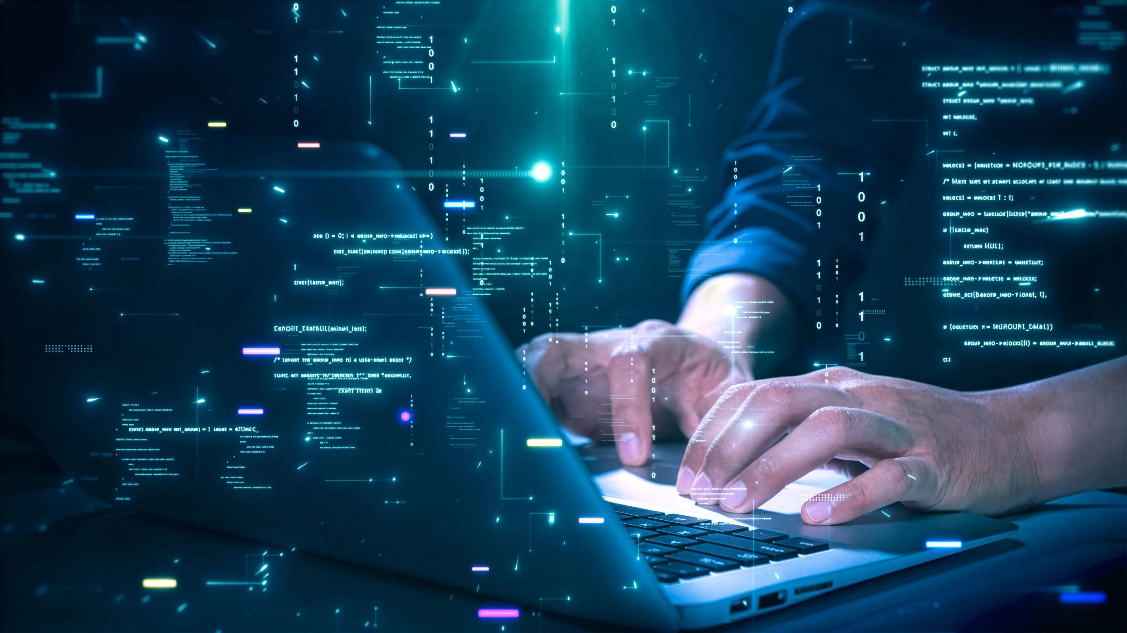 Software engineering student coding on a laptop with programming code and binary data overlays