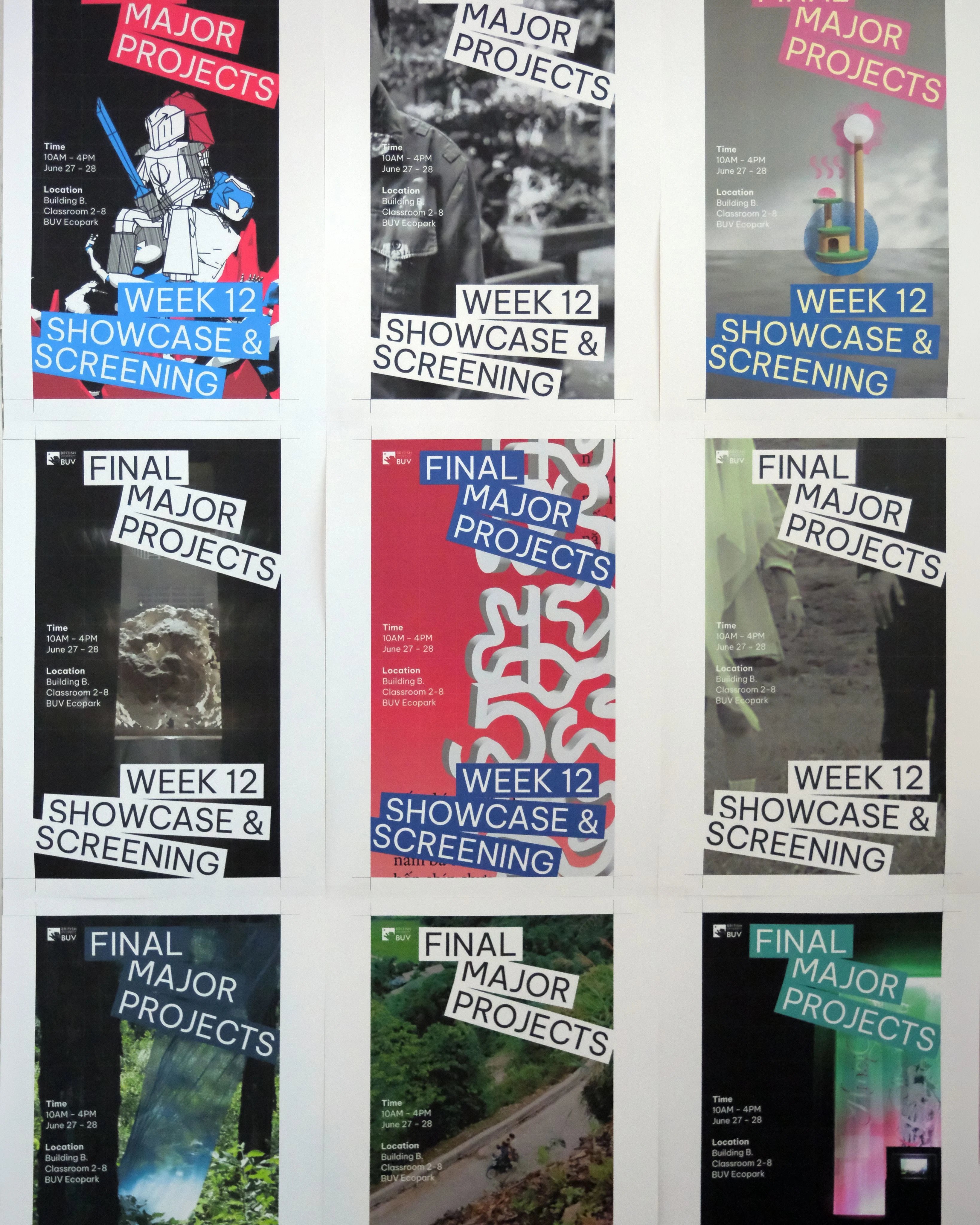 BUV Final Major Projects posters for Week 12 Showcase & Screening, June 27–28 at BUV Ecopark.