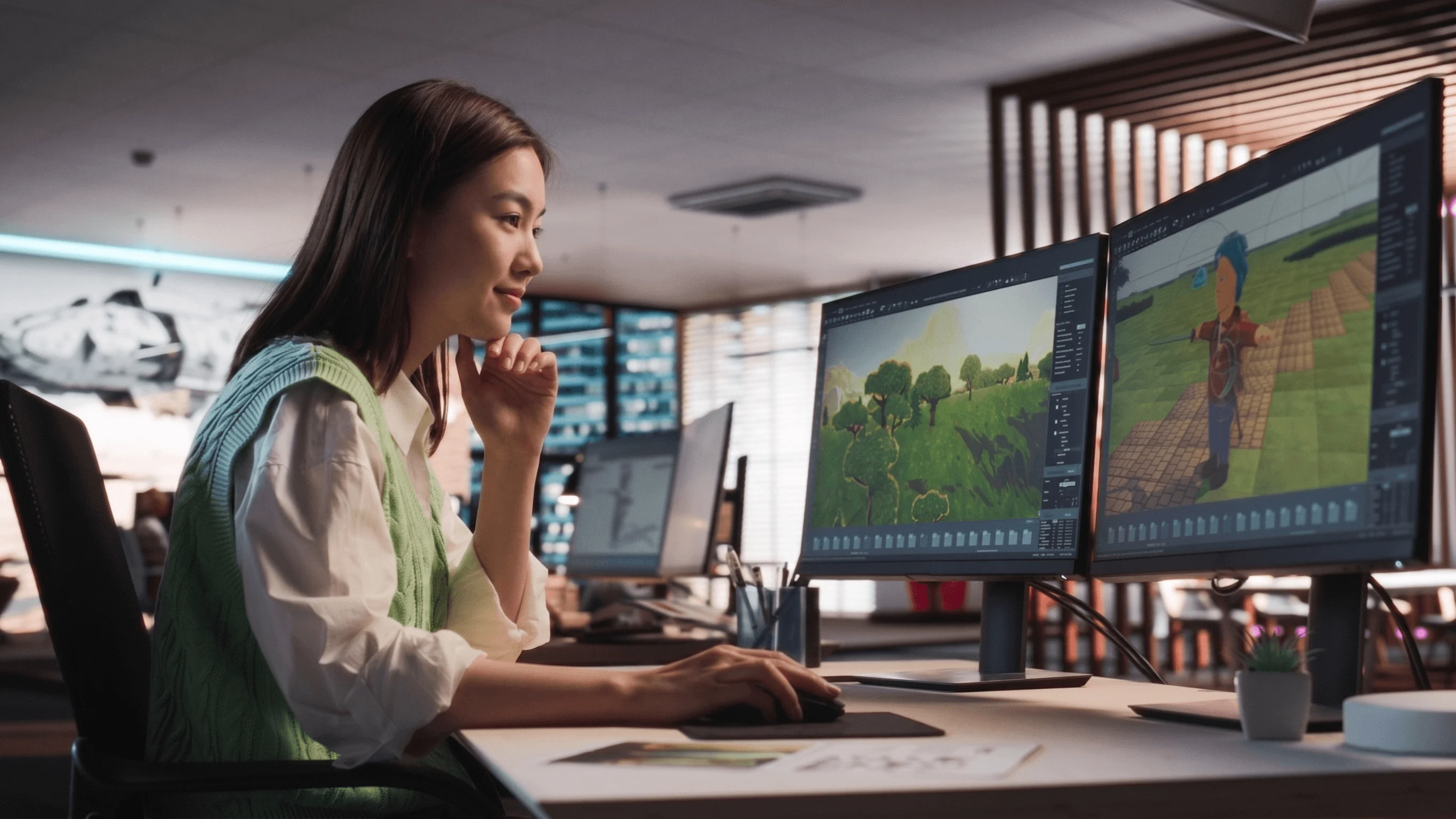 Sinh viên BUV thiết kế nhân vật và môi trường game 3D trên màn hình kép tại phòng máy hiện đại.