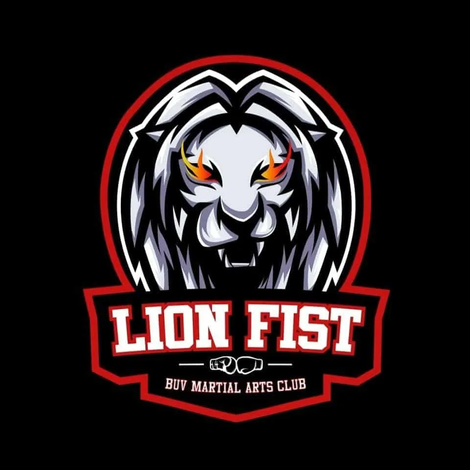 Lion Fist – BUV Martial Arts Club logo with a fierce white lion on a black and red badge