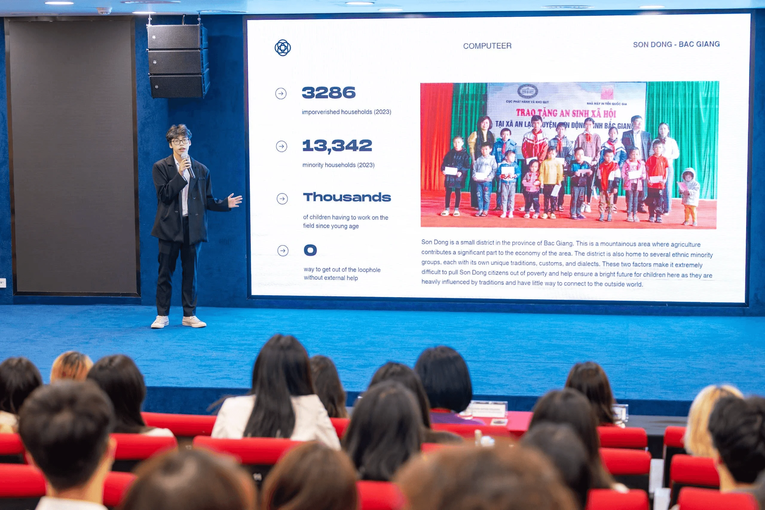 BUV student presenting social issues in Son Dong, Bac Giang, to an audience in a university auditorium
