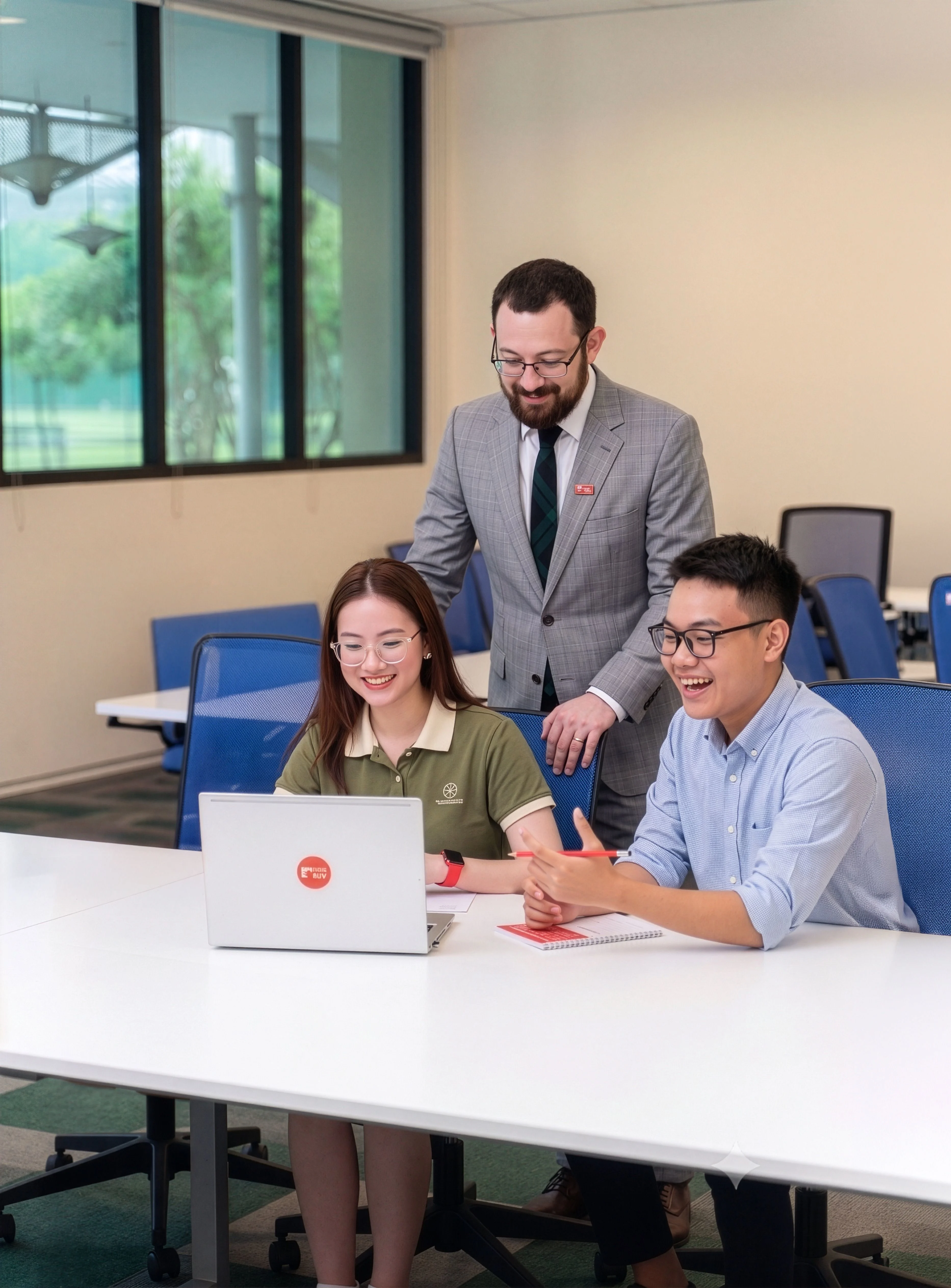 A lecturer assisting two smiling students working on a laptop in a modern classroom.