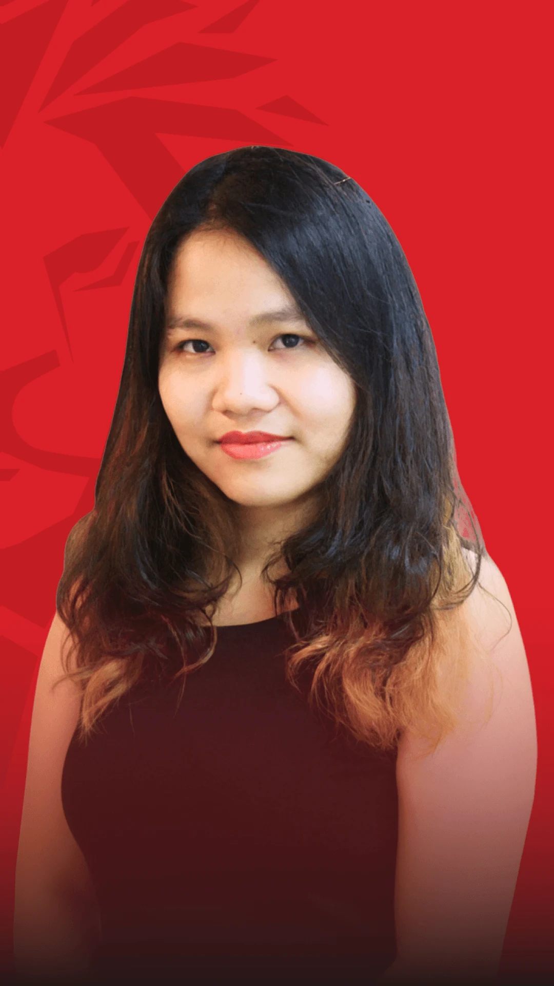 British University Vietnam alumna portrait against a red branded background