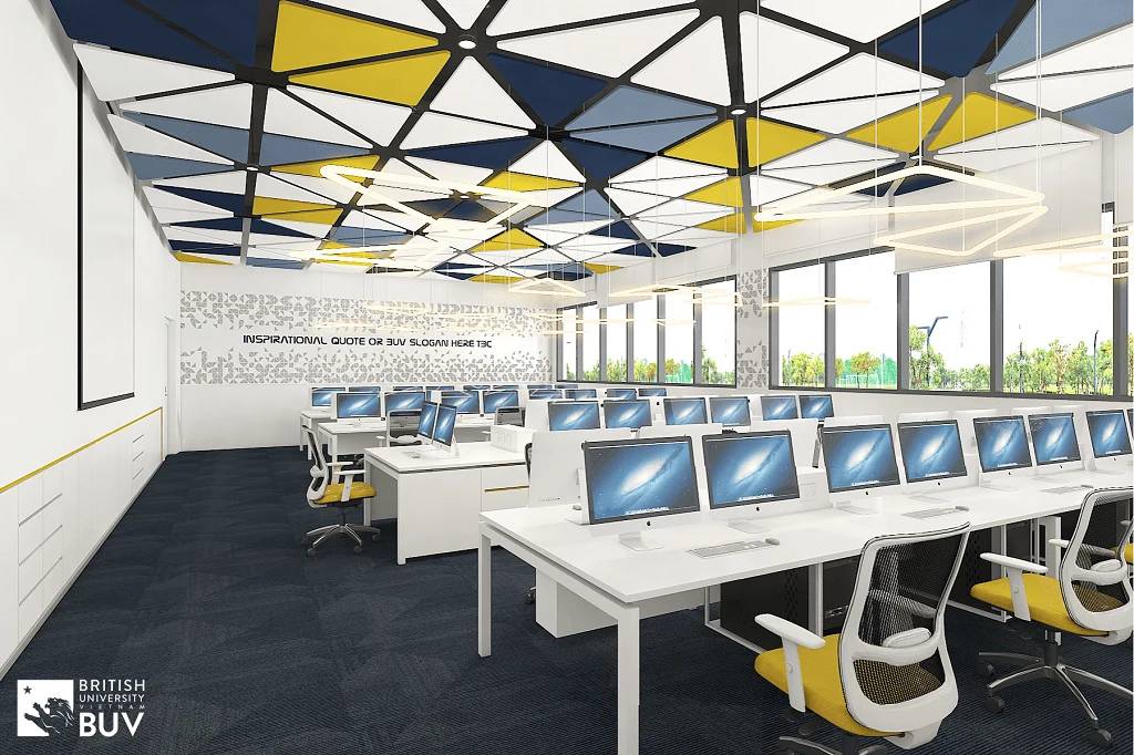 BUV modern computer lab with iMac workstations and blue-yellow interior at British University Vietnam campus