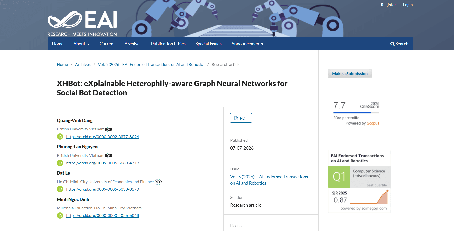 EAI article on XHBot graph neural networks for social bot detection, co-authored by British University Vietnam researchers