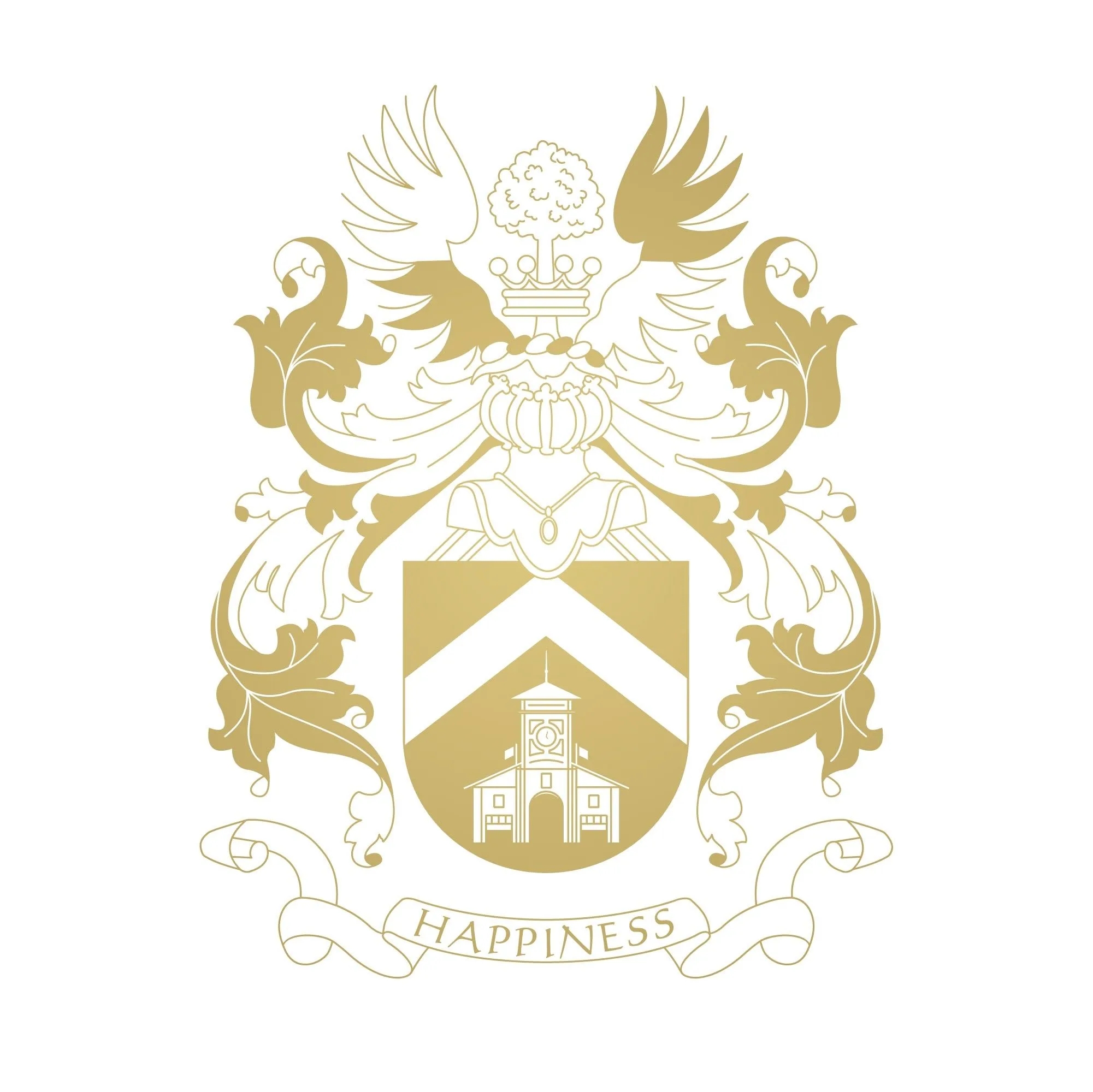 An ornate gold-and-white crest featuring an angel with wings, decorative flourishes, and a shield showing a building above the word “HAPPINESS.”
