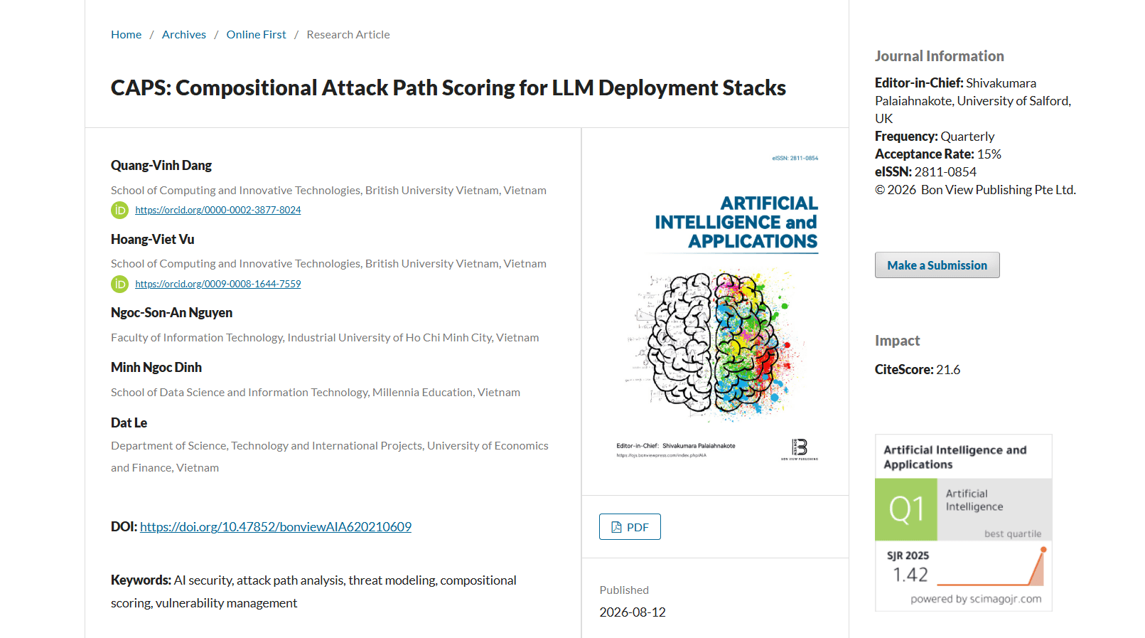 CAPS research article on compositional attack path scoring for LLM deployment stacks by BUV researchers