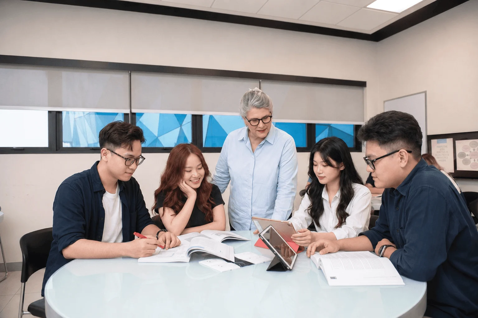A lecturer guides four university students collaborating around a table with textbooks, notes, and a tablet.